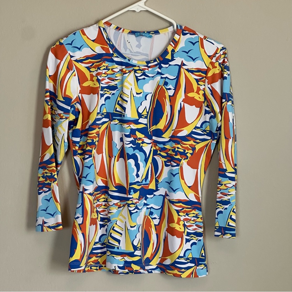 J McLaughlin‎ Sailboat Catalina Stretch 3/4 Sleeve Top Size Small Nautical